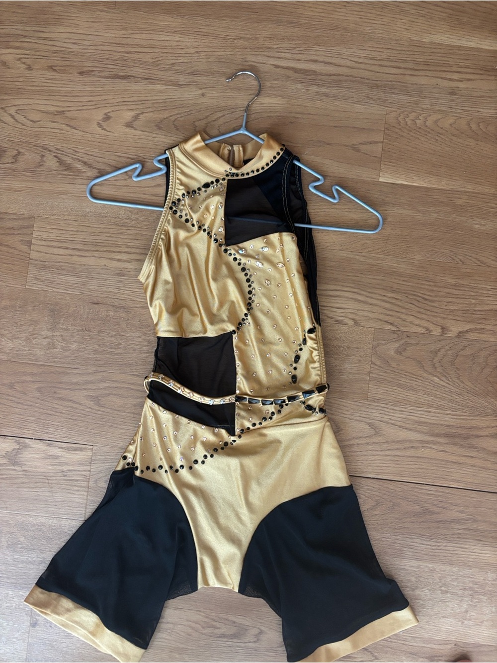 Gold and Black Dance Leotard with Rhinestone Accents